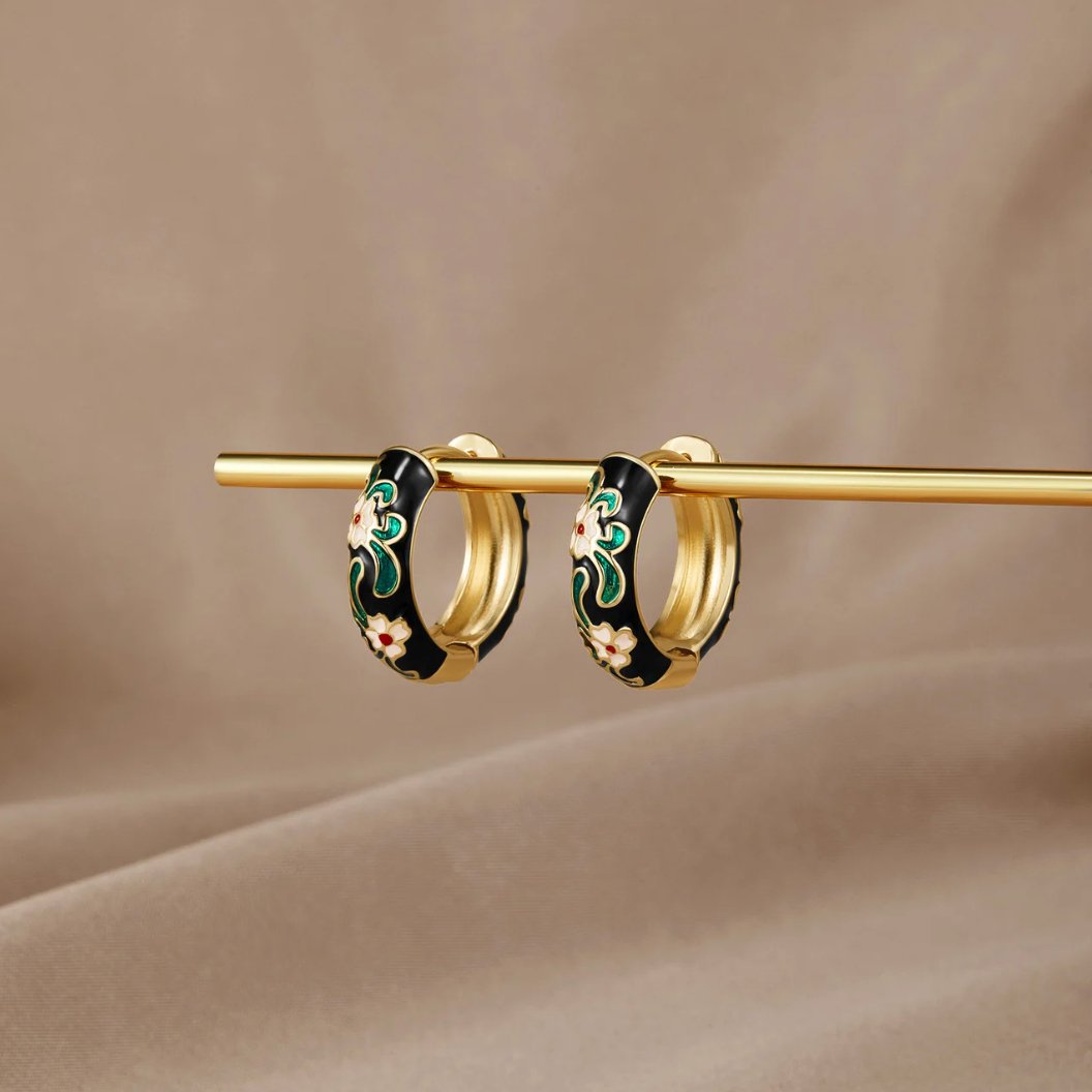 Black Gold-Tone Hoop Flower Earrings