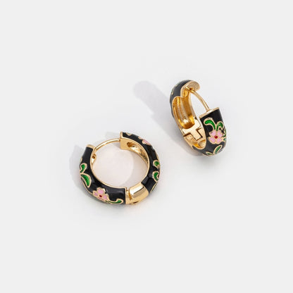 Black Gold-Tone Hoop Flower Earrings