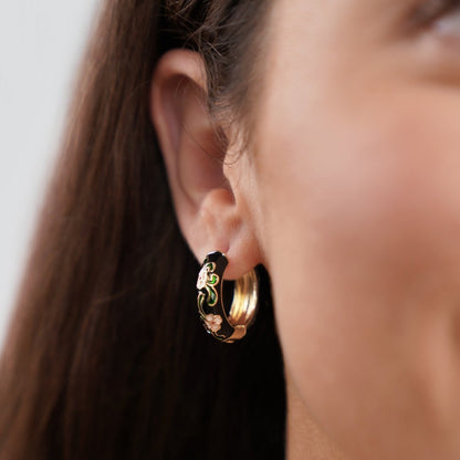 Black Gold-Tone Hoop Flower Earrings