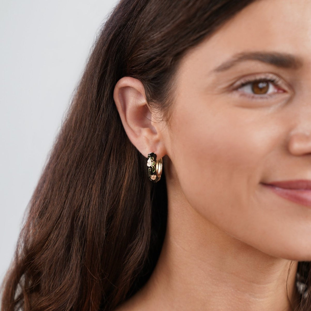 Black Gold-Tone Hoop Flower Earrings