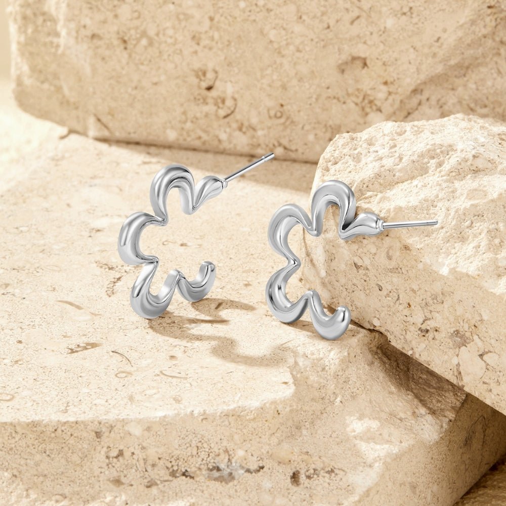 Geometric Silver-Tone Flower Hoop Earrings