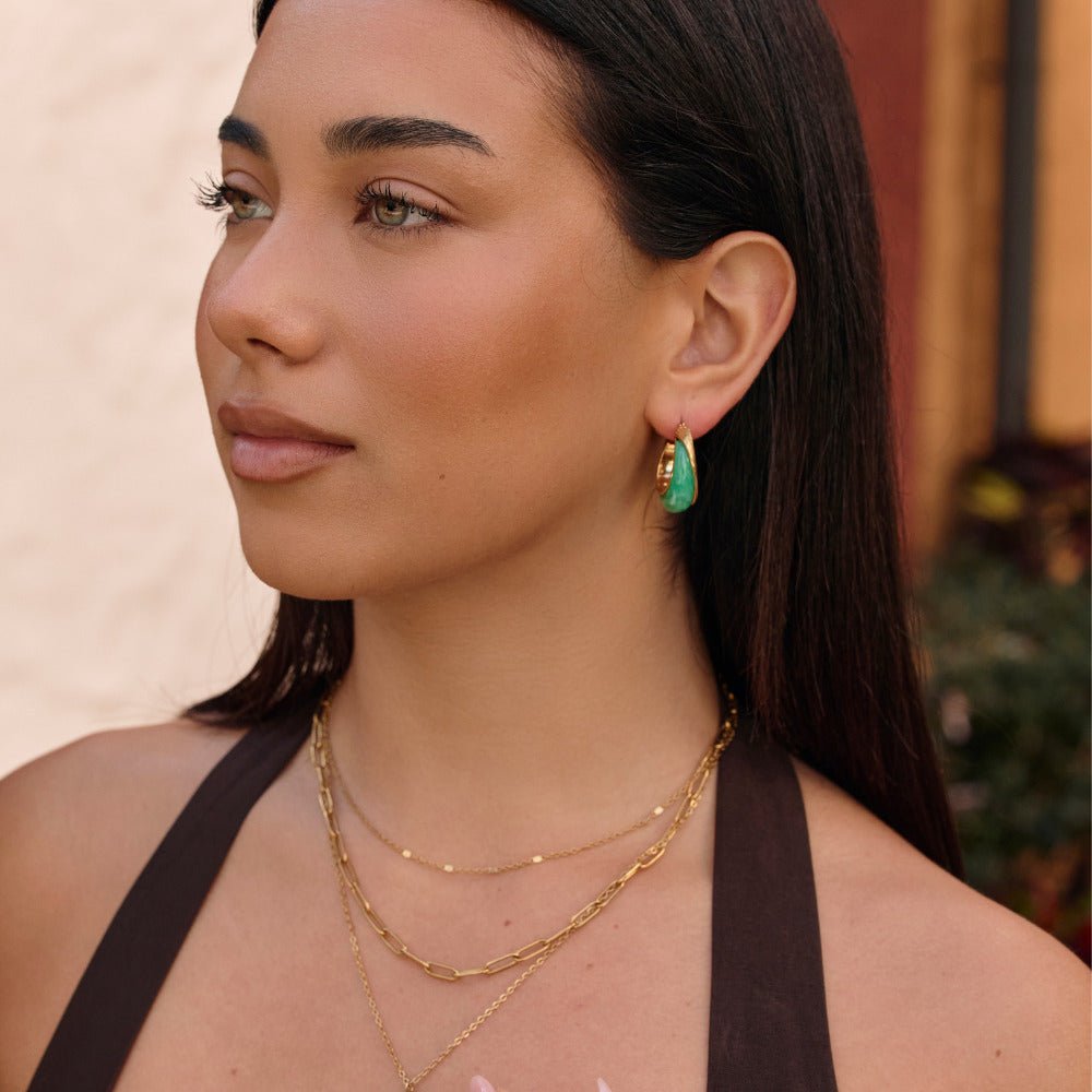 Golden Emerald Green Hoop Earrings