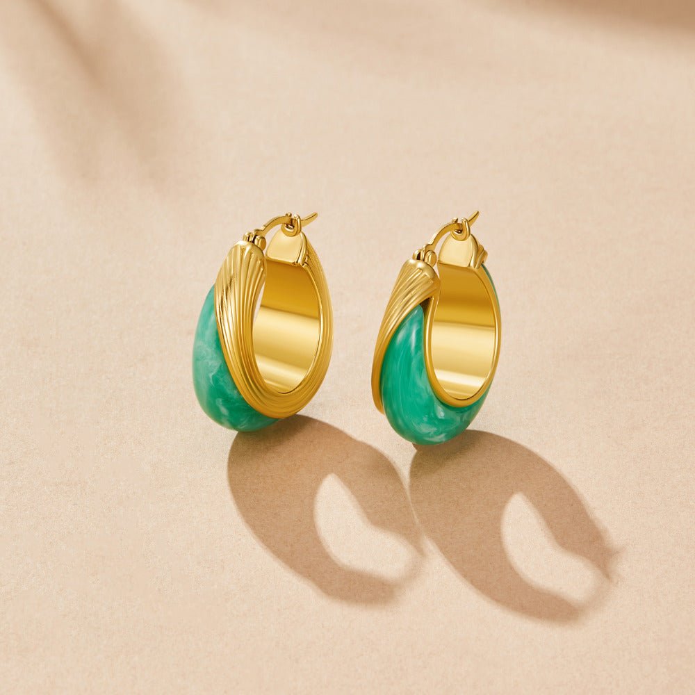 Golden Emerald Green Hoop Earrings