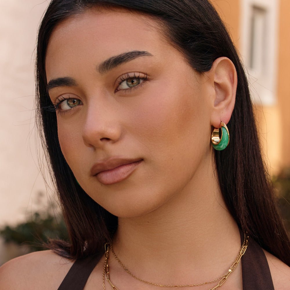 Golden Emerald Green Hoop Earrings