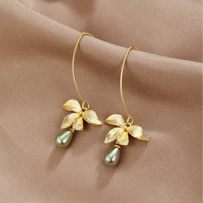 Jade Green Pearl & Petal Drop Earrings