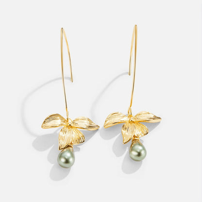 Jade Green Pearl & Petal Drop Earrings
