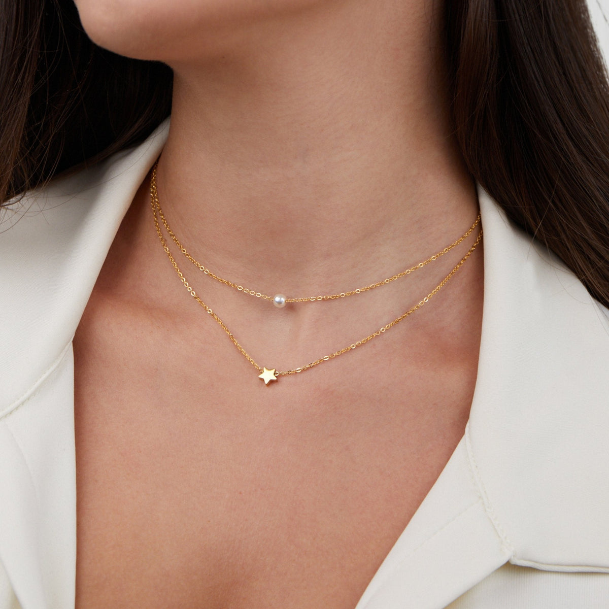 Layered Gold-Tone Star & Pearl Necklace