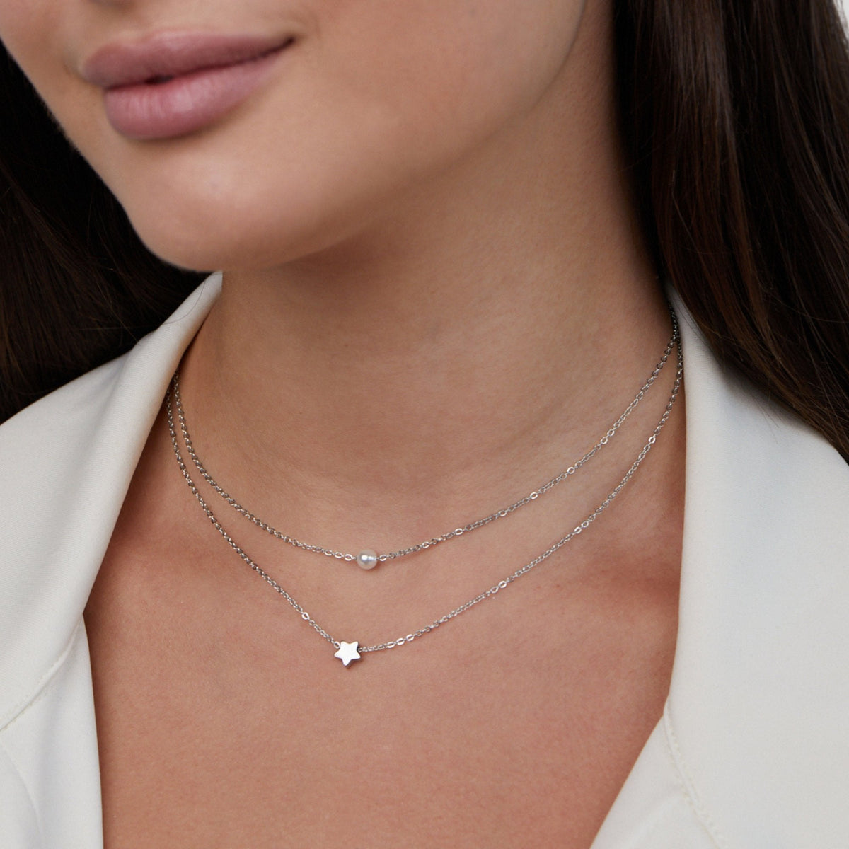 Layered Silver-Tone Star & Pearl Necklace