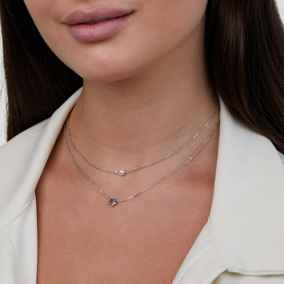 Layered Silver-Tone Star & Pearl Necklace