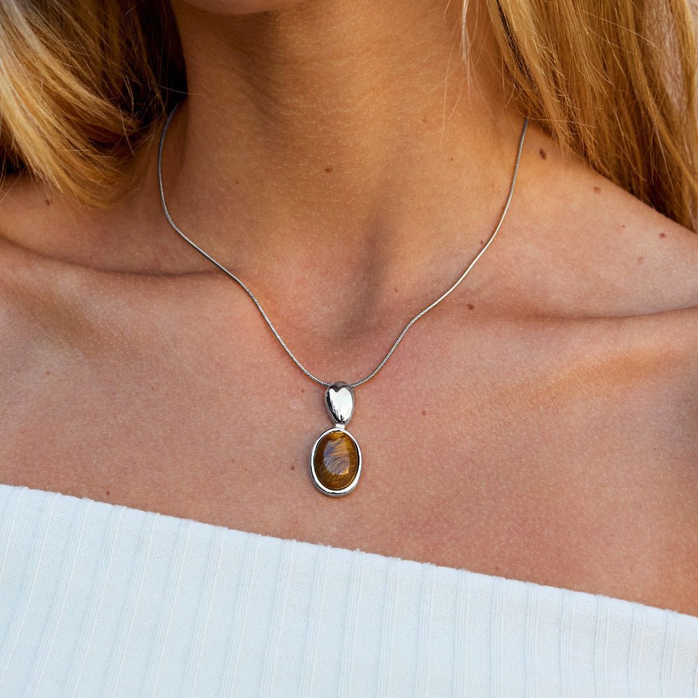 Silver-Tone Tiger Eye Stone Long Necklace