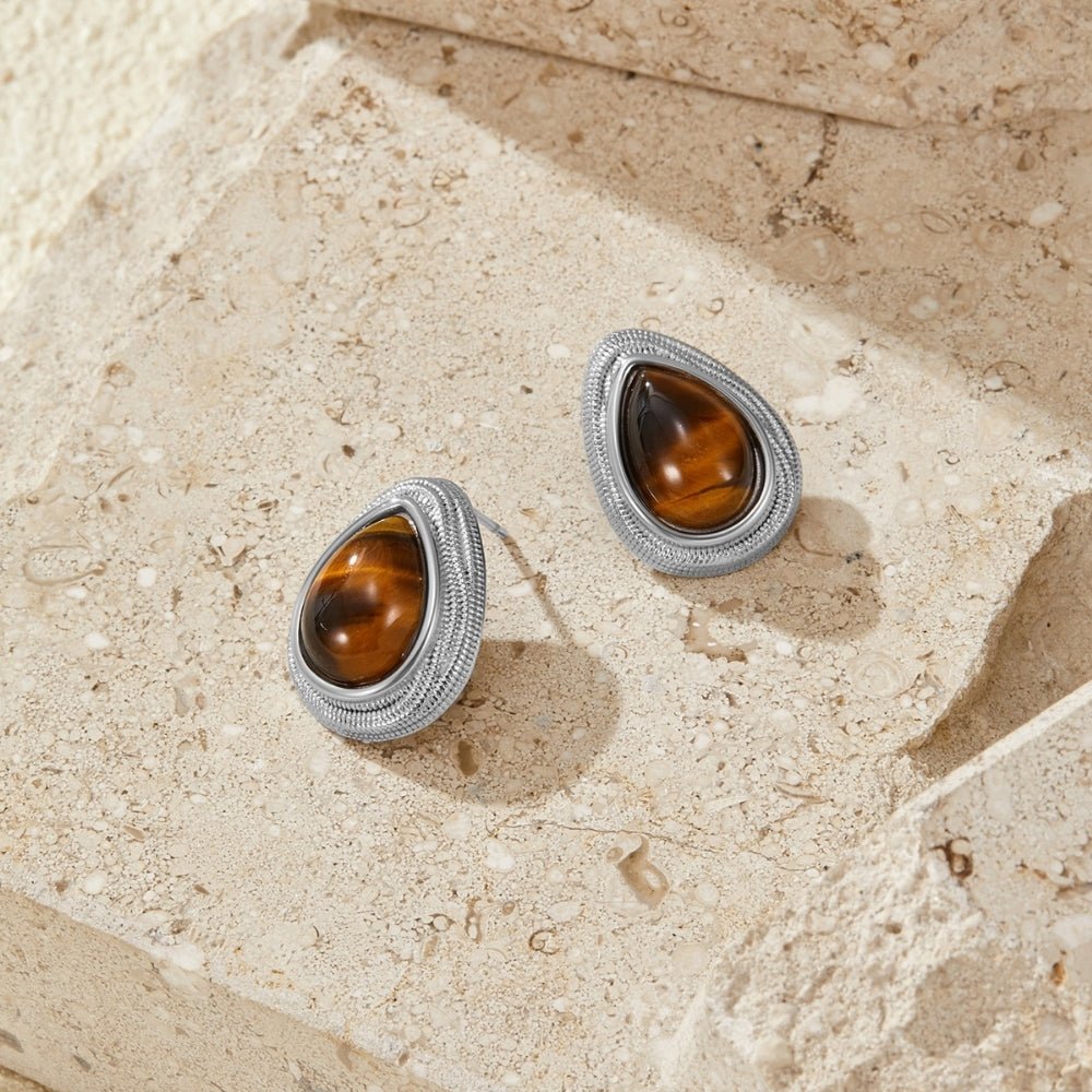 Silver-Tone Tiger Eye Teardrop Earrings