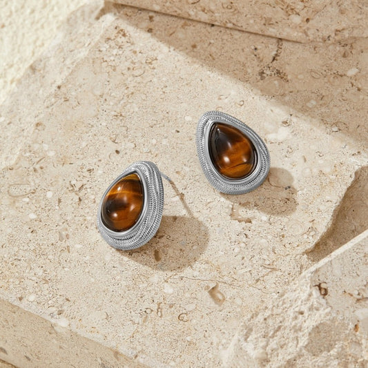 Silver-Tone Tiger Eye Teardrop Earrings