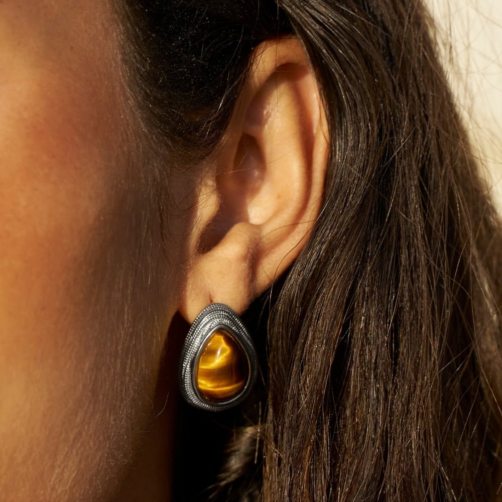 Silver-Tone Tiger Eye Teardrop Earrings