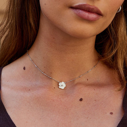 Silver-Tone White Blossom Flower Necklace