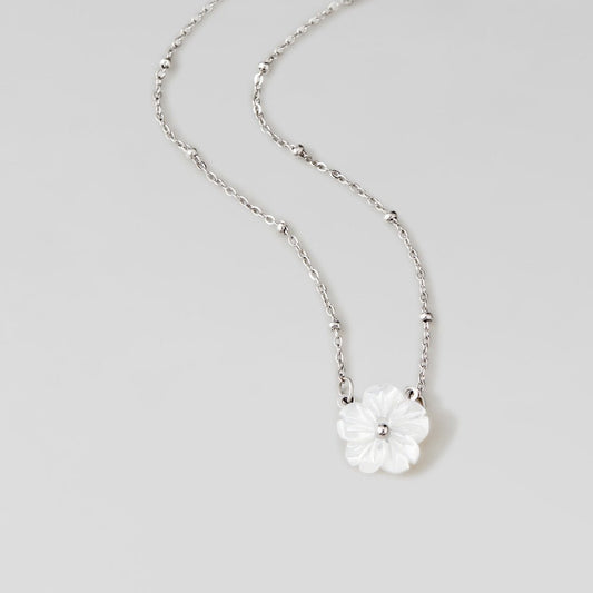 Silver-Tone White Blossom Flower Necklace